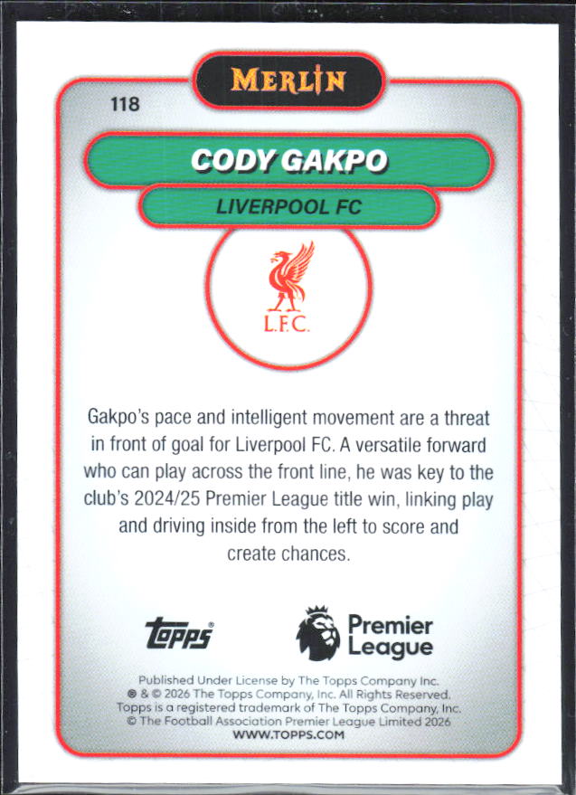 Cody Gakpo 2026 Merlin Premier League #118 – baksida