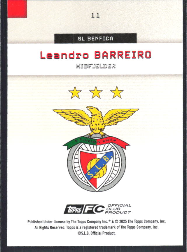 Leandro Barreiro 2025-26 SL Benfica Team Set #11 – baksida