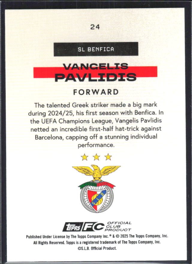 Vangelis Pavlidis 2025-26 SL Benfica Team Set Bona Fide Baller #24 – baksida