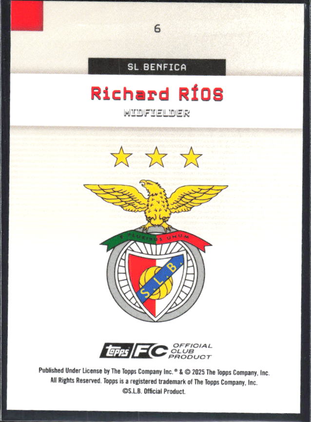 Richard Ríos 2025-26 SL Benfica Team Set #6 – baksida