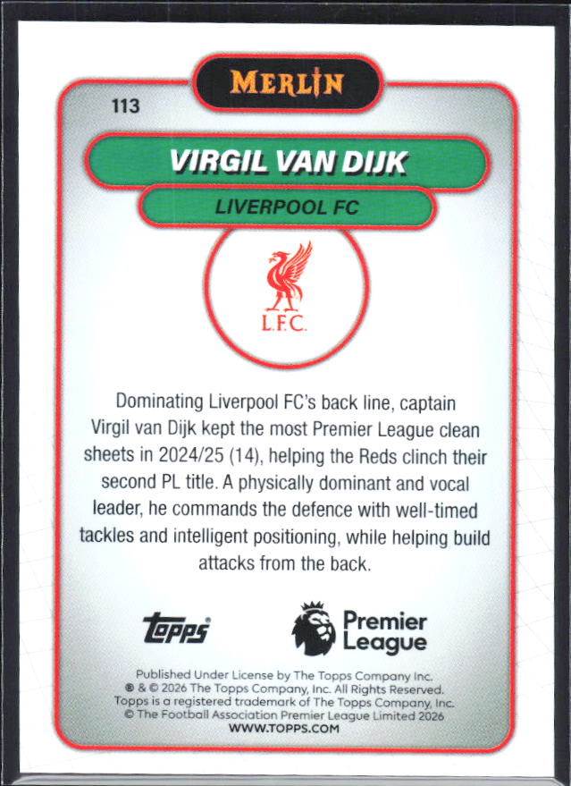 Virgil van Dijk 2026 Merlin Premier League #113 – baksida