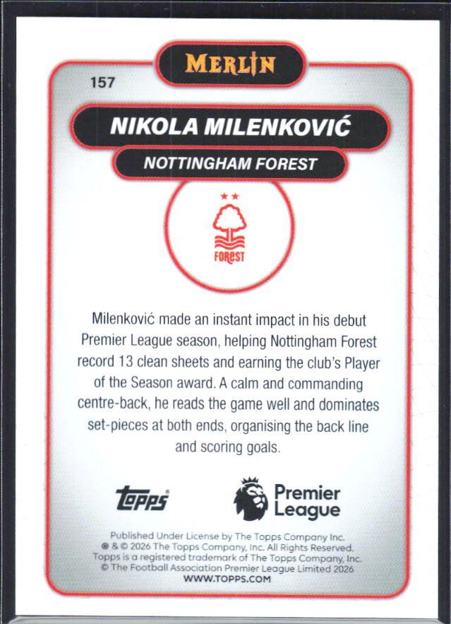 Nikola Milenković 2026 Merlin Premier League #157 – baksida