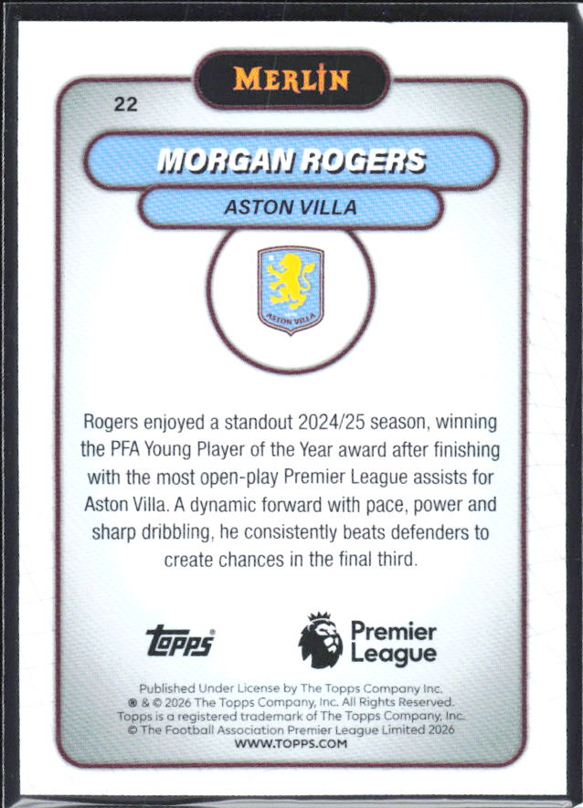 Morgan Rogers 2026 Merlin Premier League #22 – baksida