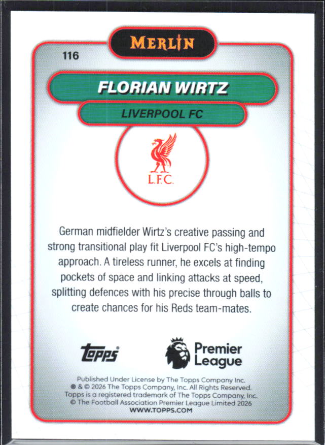 Florian Wirtz 2026 Merlin Premier League #116 – baksida