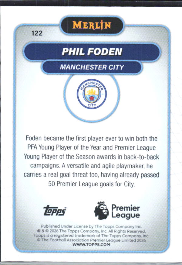 Phil Foden 2026 Merlin Premier League #122 – baksida