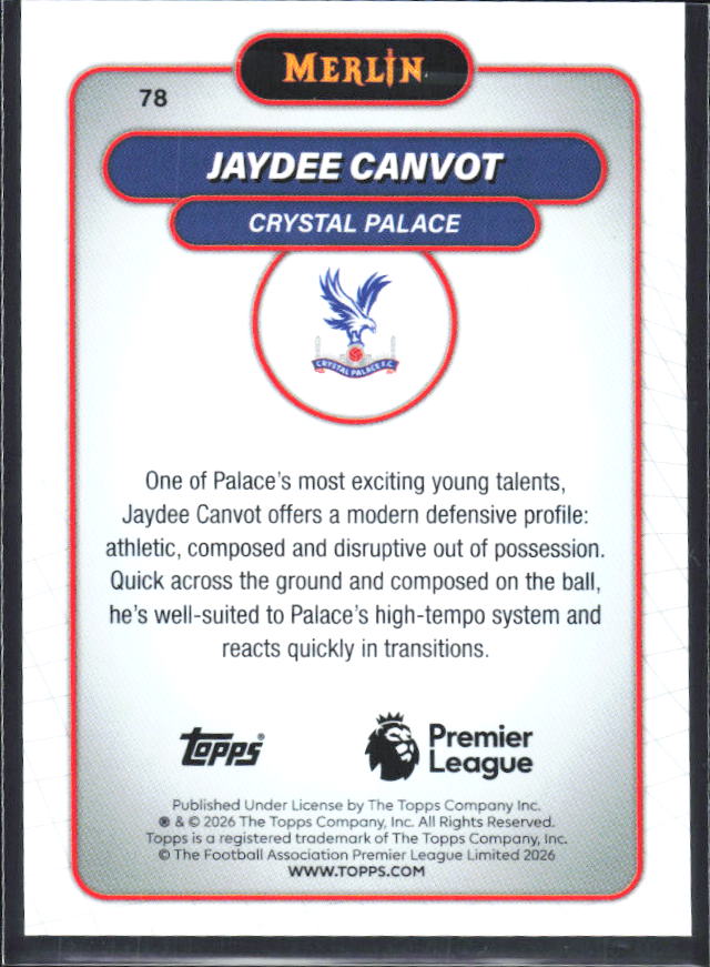 Jaydee Canvot 2026 Merlin Premier League #78 – baksida