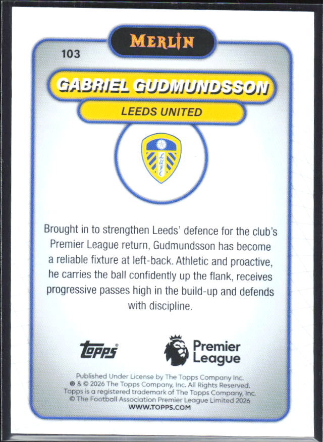 Gabriel Gudmundsson 2026 Merlin Premier League #103 – baksida