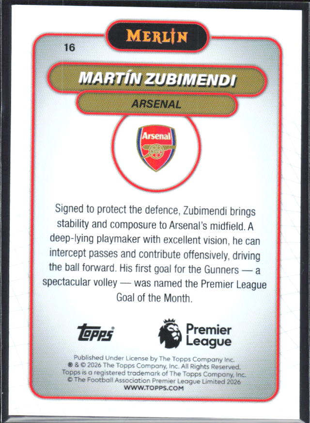 Martín Zubimendi 2026 Merlin Premier League #16 – baksida