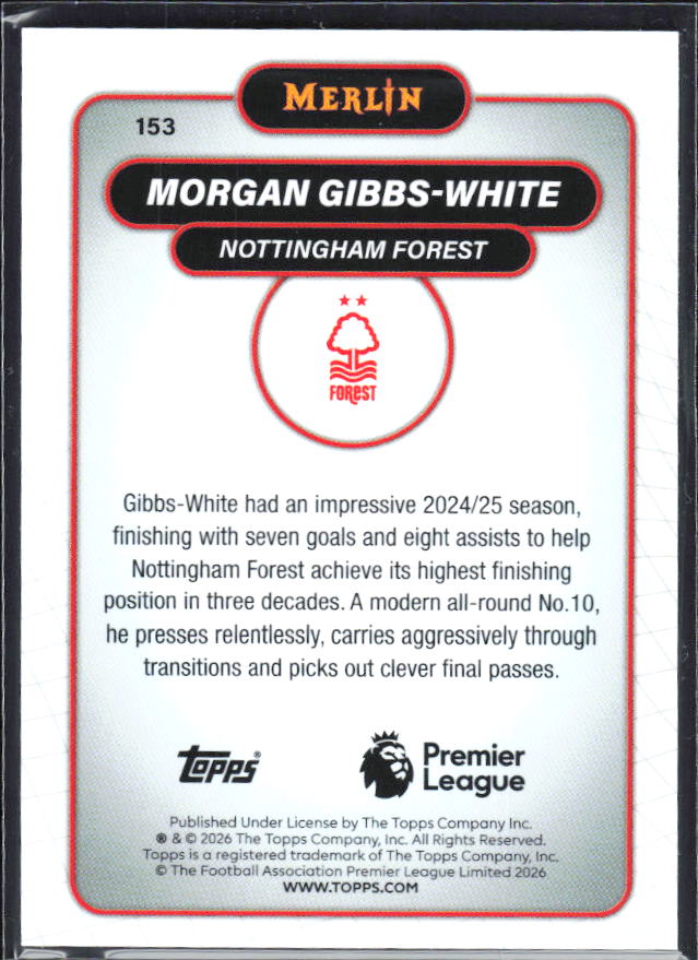 Morgan Gibbs-White 2026 Merlin Premier League #153 – baksida