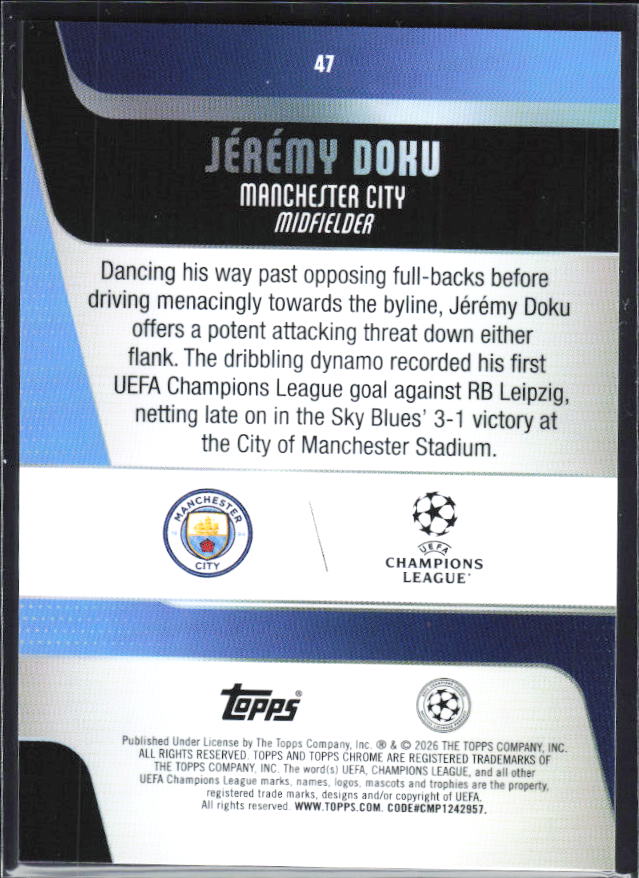 Jérémy Doku 2025-26 Chrome UEFA #47 – baksida