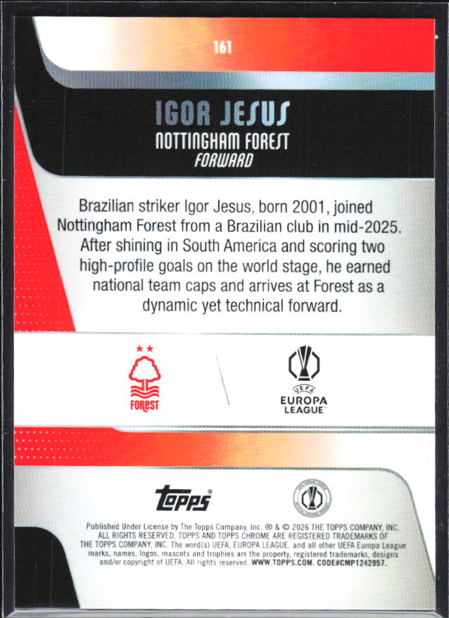 Igor Jesus 2025-26 Chrome UEFA RC #161 – baksida