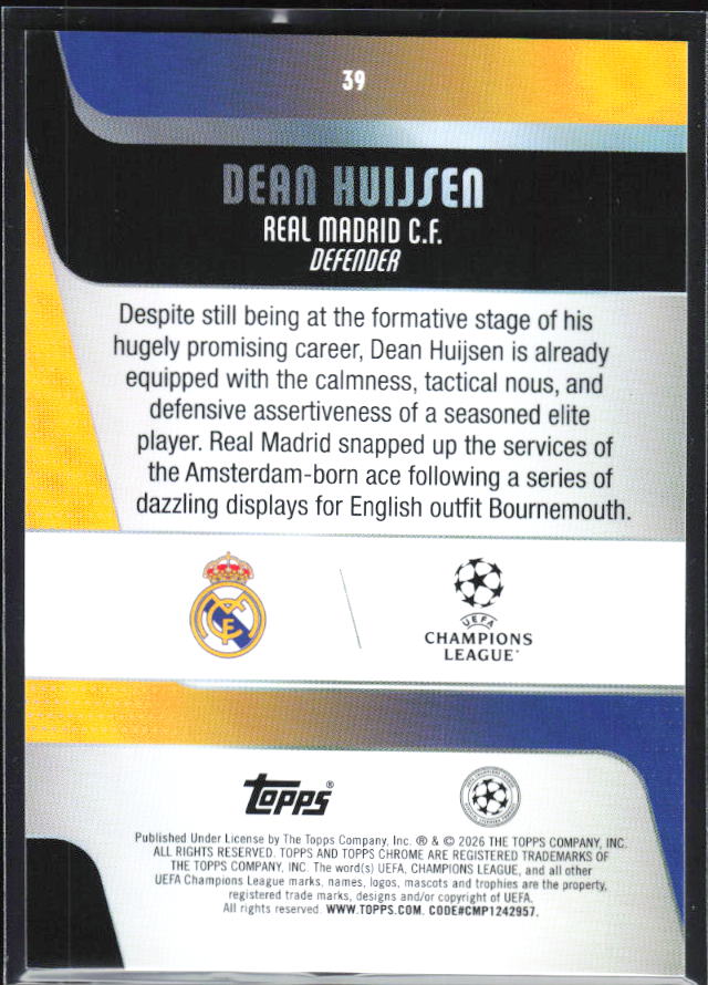 Dean Huijsen 2025-26 Chrome UEFA #39 – baksida