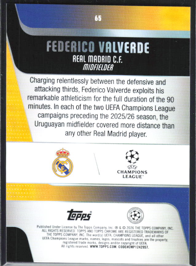 Federico Valverde 2025-26 Chrome UEFA #65 – baksida