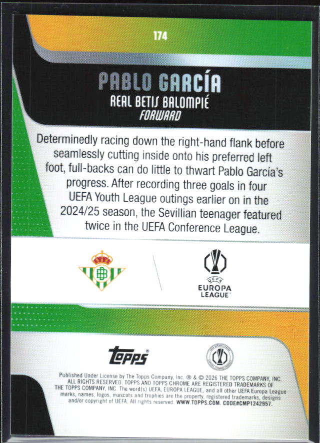 Pablo García 2025-26 Chrome UEFA RC #174 – baksida