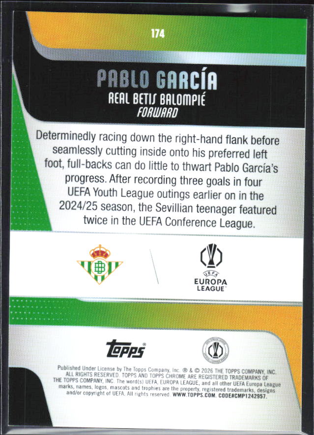 Pablo García 2025-26 Chrome UEFA RC #174 – baksida