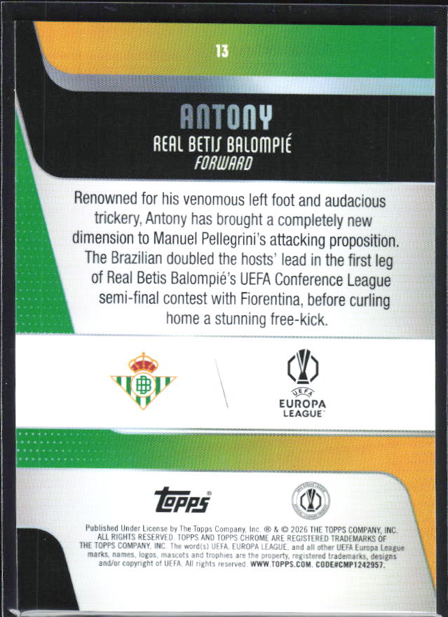 Antony 2025-26 Chrome UEFA #13 – baksida