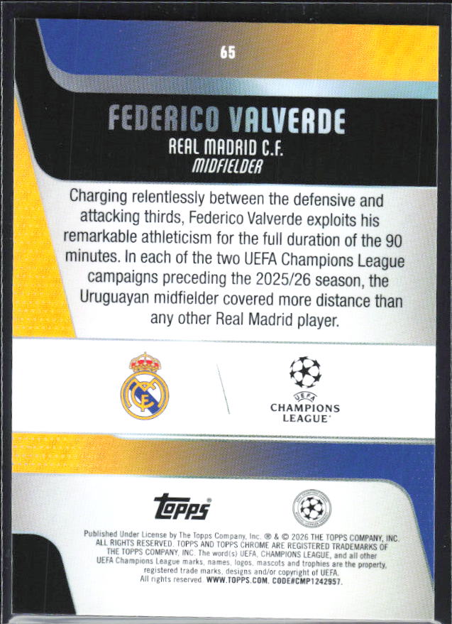 Federico Valverde 2025-26 Chrome UEFA #65 – baksida