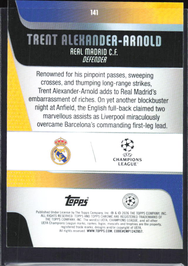Trent Alexander-Arnold 2025-26 Chrome UEFA #141 – baksida