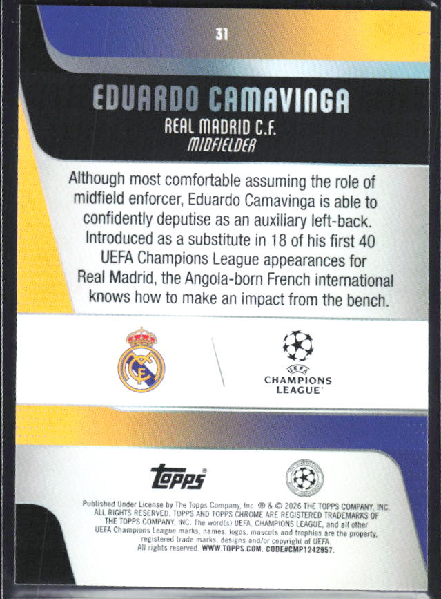 Eduardo Camavinga 2025-26 Chrome UEFA #31 – baksida