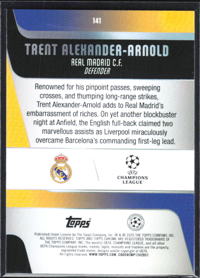 Trent Alexander-Arnold 2025-26 Chrome UEFA #141 – baksida