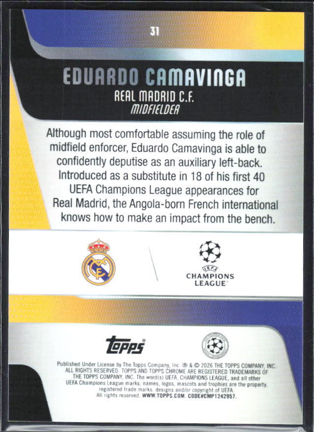 Eduardo Camavinga 2025-26 Chrome UEFA #31 – baksida