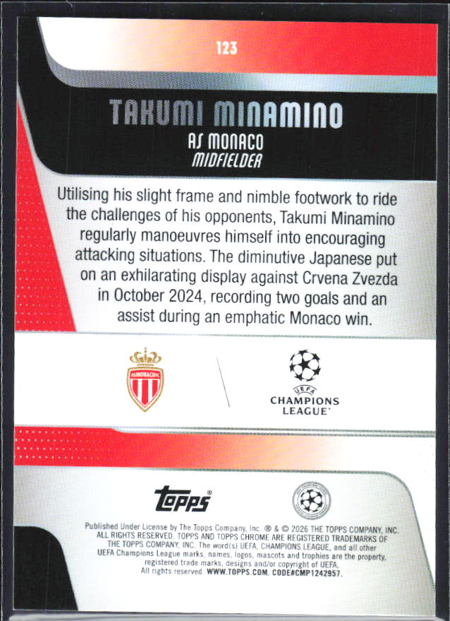 Takumi Minamino 2025-26 Chrome UEFA #123 – baksida