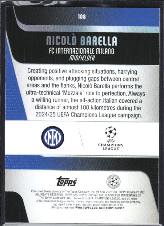 Nicolò Barella 2025-26 Chrome UEFA #108 – baksida