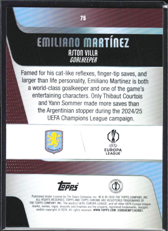 Emiliano Martínez 2025-26 Chrome UEFA #75 – baksida