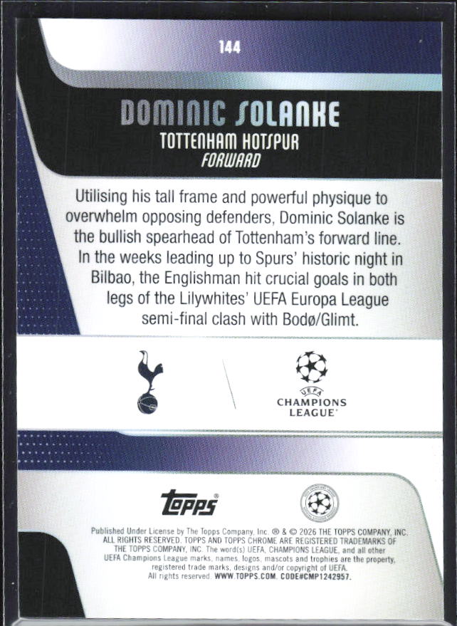Dominic Solanke 2025-26 Chrome UEFA #144 – baksida
