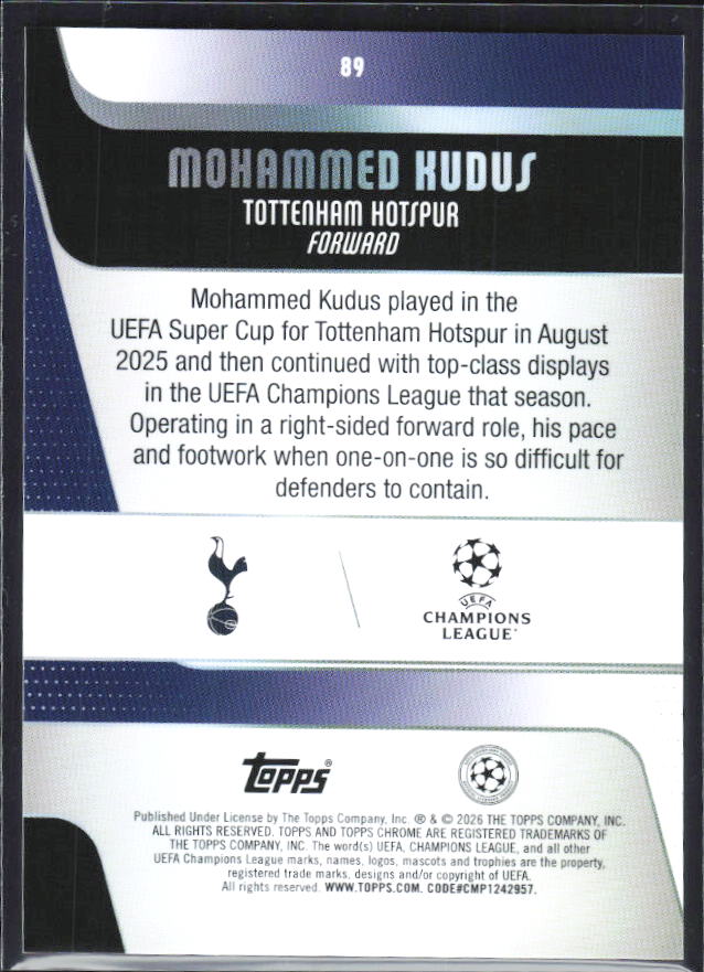 Mohammed Kudus 2025-26 Chrome UEFA #89 – baksida