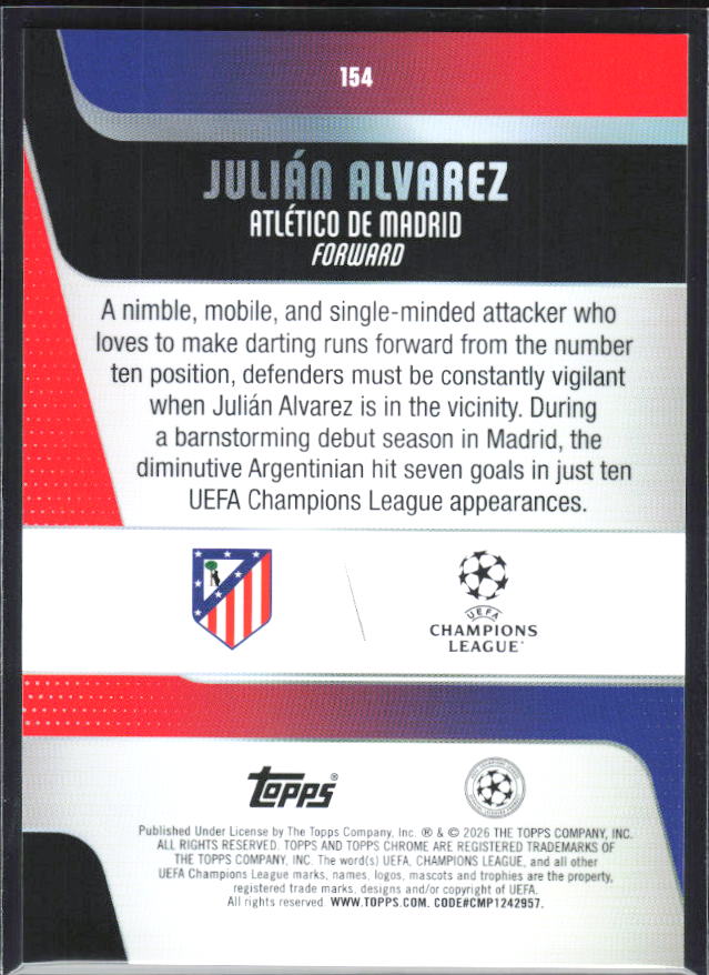 Julián Álvarez 2025-26 Chrome UEFA #154 – baksida