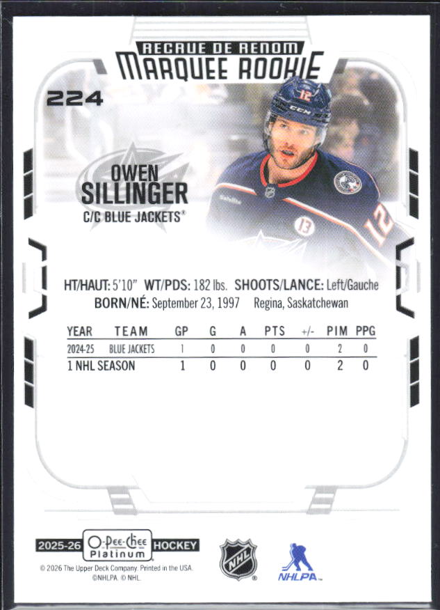 Owen Sillinger 2025-26 O-Pee-Chee Platinum Marquee Rookie #224 – baksida