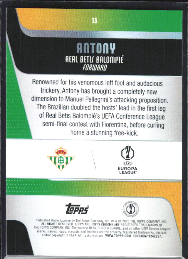 Antony 2025-26 Chrome UEFA #13 – baksida
