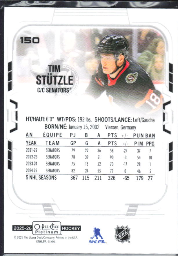 Tim Stützle 2025-26 O-Pee-Chee Platinum #150 – baksida
