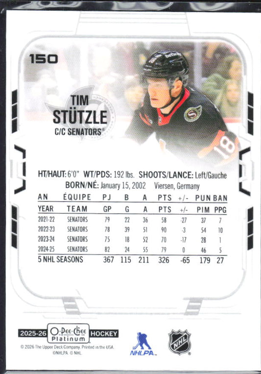 Tim Stützle 2025-26 O-Pee-Chee Platinum #150 – baksida