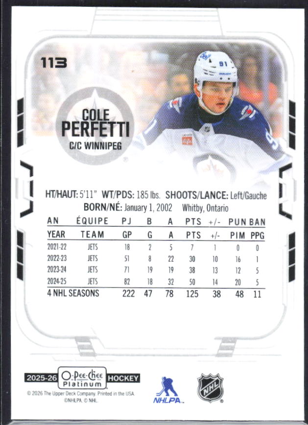 Cole Perfetti 2025-26 O-Pee-Chee Platinum #113 – baksida