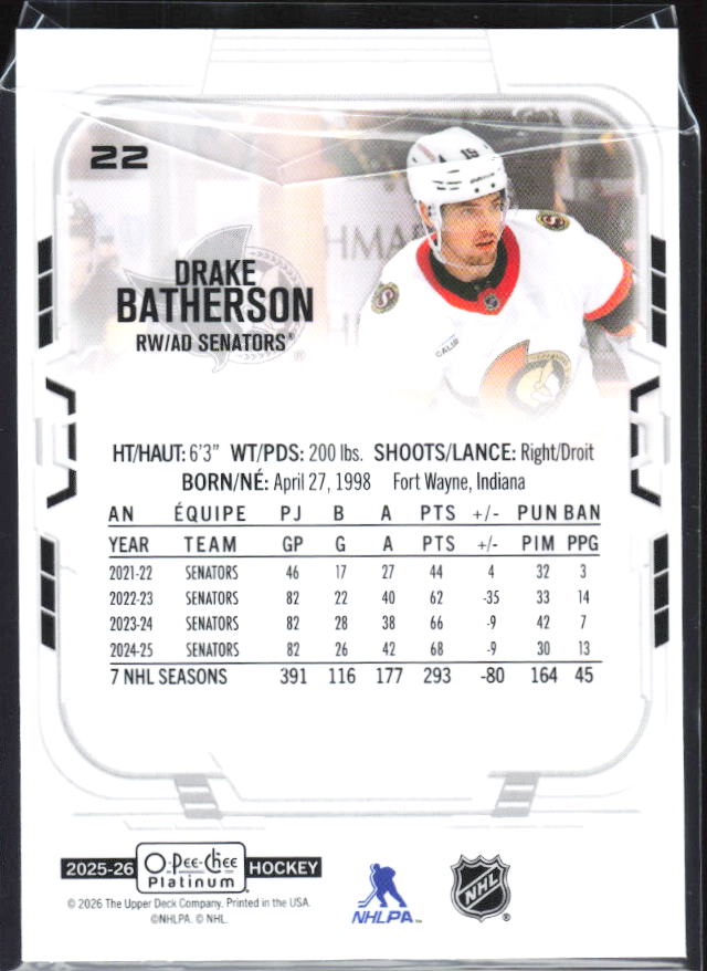 Drake Batherson 2025-26 O-Pee-Chee Platinum #22 – baksida