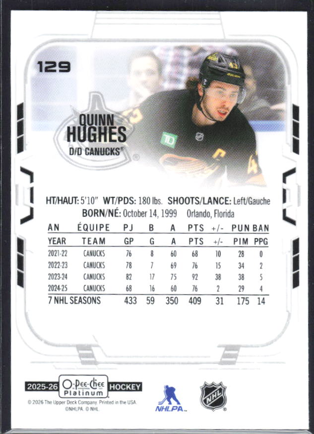 Quinn Hughes 2025-26 O-Pee-Chee Platinum #129 – baksida