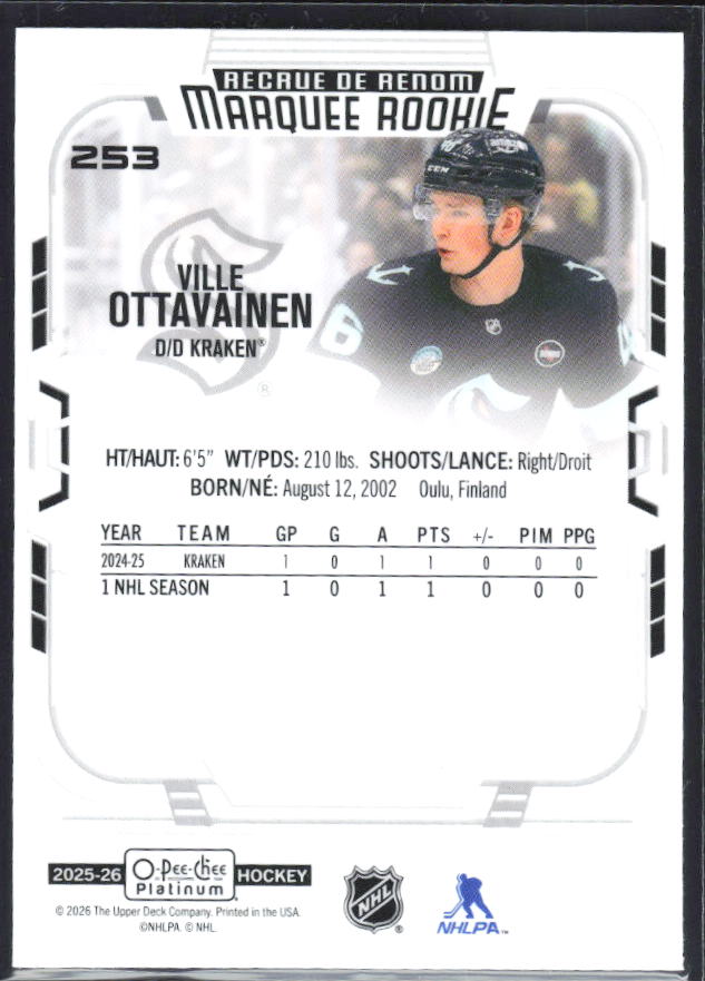 Ville Ottavainen 2025-26 O-Pee-Chee Platinum Marquee Rookie #253 – baksida