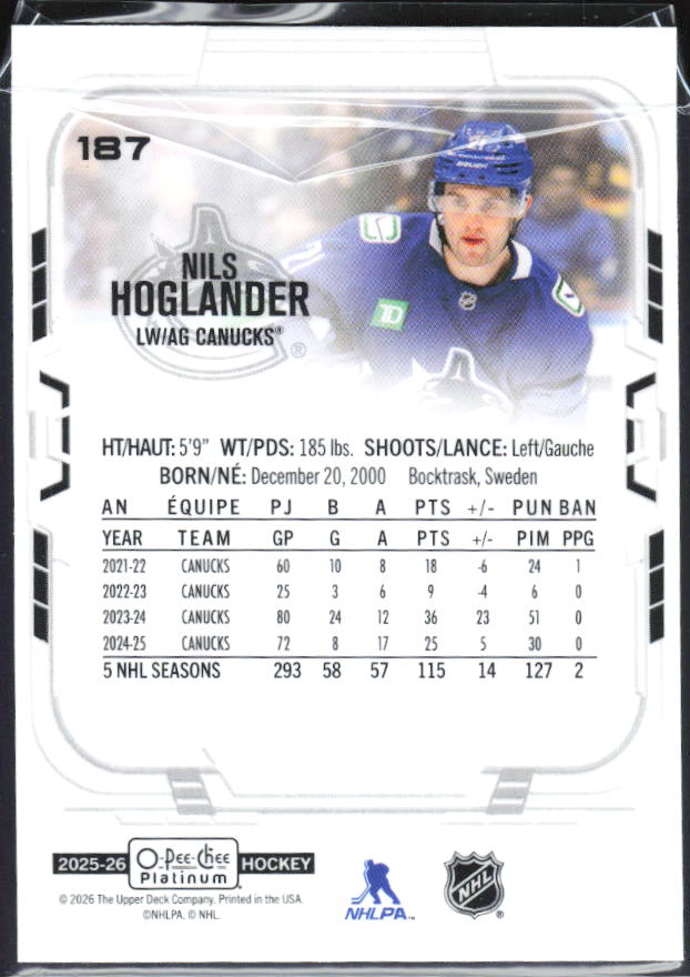 Nils Höglander 2025-26 O-Pee-Chee Platinum #187 – baksida