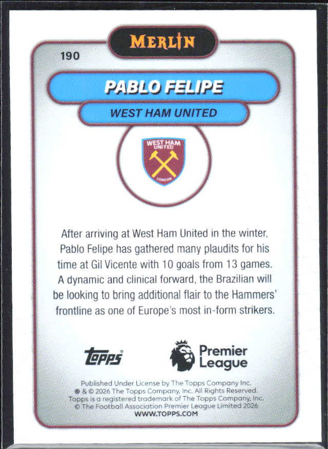 Pablo Felipe 2026 Merlin Premier League RC #190 – baksida
