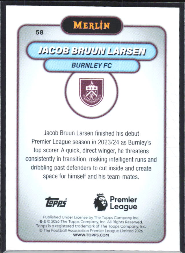 Jacob Bruun Larsen 2026 Merlin Premier League #58 – baksida