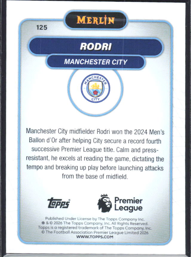 Rodri 2026 Merlin Premier League #125 – baksida