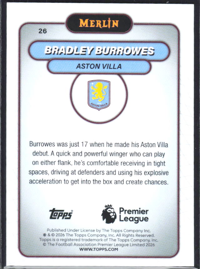 Bradley Burrowes 2026 Merlin Premier League RC #26 – baksida