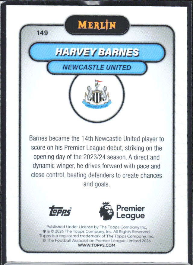 Harvey Barnes 2026 Merlin Premier League #149 – baksida