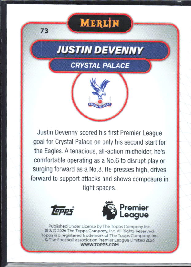 Justin Devenny 2026 Merlin Premier League RC #73 – baksida