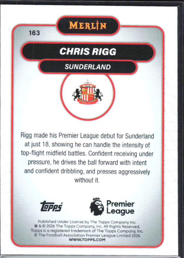 Chris Rigg 2026 Merlin Premier League RC #163 – baksida
