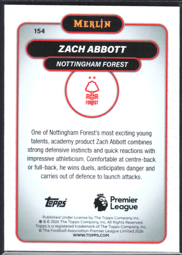 Zach Abbott 2026 Merlin Premier League RC #154 – baksida
