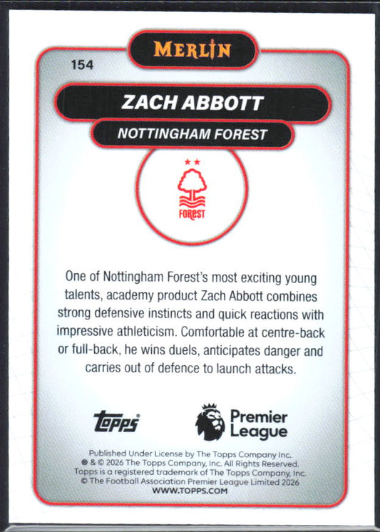 Zach Abbott 2026 Merlin Premier League RC #154 – baksida
