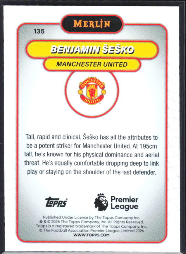 Benjamin Šeško 2026 Merlin Premier League #135 – baksida